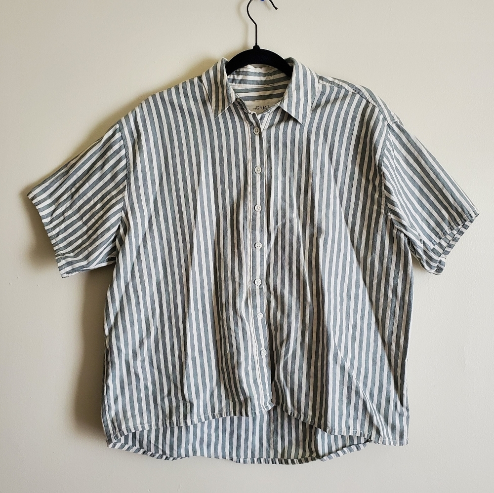 THE GREAT. Striped Button-Down Shirt in White and Gray